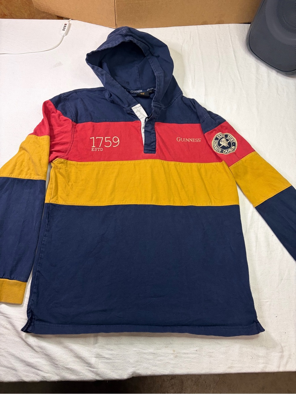Guinness Navy, Red & Yellow Striped Hooded Rugby Shirt Color blocked